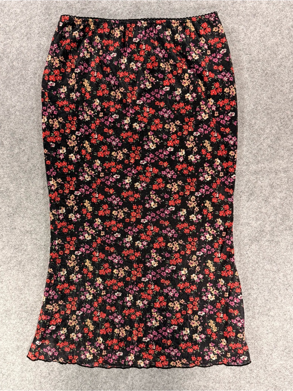 Hem & Thread Floral Midi Slip Skirt Black Pink Red Bias Cut Size Small